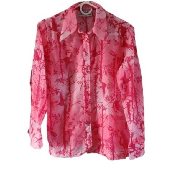 Vintage Teddi Of California Pink Bird Trees Sheer Nylon Button Front Blouse 14 - Picture 1 of 6